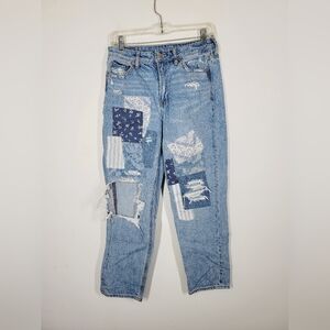 American Eagle Mom Straight Blue Patchwork Jeans, Size 4